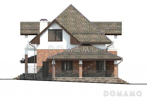 Проект дома с навесом для автомобиля, крытой террасой и двумя балконами на мансарде / Фасад 4