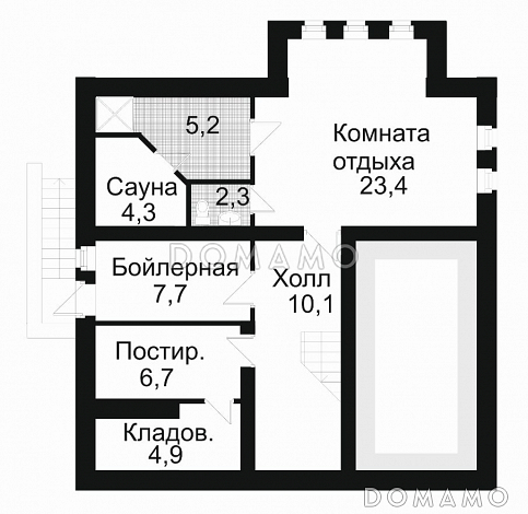 Проект дома из кирпича с сауной / План цокольного этажа Проект дома из кирпича с сауной / План цокольного этажа