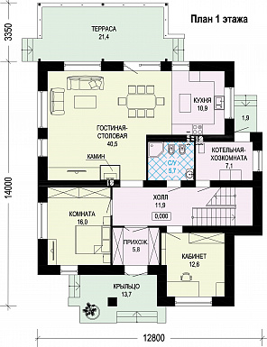 Проект двухэтажного дома из газобетона и кирпичной облицовкой / План 1 этажа Проект двухэтажного дома из газобетона и кирпичной облицовкой / План 1 этажа