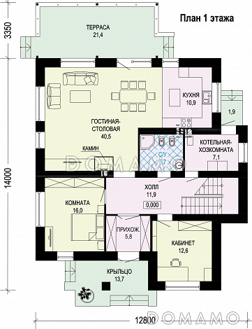 Проект двухэтажного дома из газобетона и кирпичной облицовкой / План 1 этажа Проект двухэтажного дома из газобетона и кирпичной облицовкой / План 1 этажа