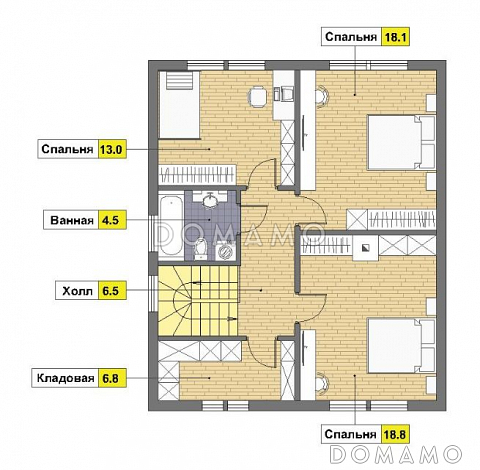 Проект дома из кирпича с местом для установки камина в гостиной / План мансардного этажа