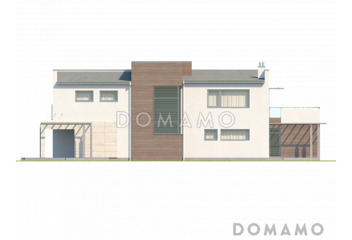 Проект современного двухэтажного дома в стиле хай-тек из газобетона с плоской крышей, балконом и гаражом с двумя отдельными въездами  / Фасад 3