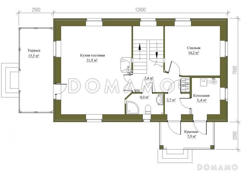Проект небольшого коттеджа с облицовкой светлым кирпичом с террасой / План 1 этажа