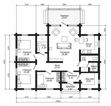 Проект одноэтажного дома с двумя санузлами и компактной сауной / План 1 этажа Проект одноэтажного дома с двумя санузлами и компактной сауной / План 1 этажа