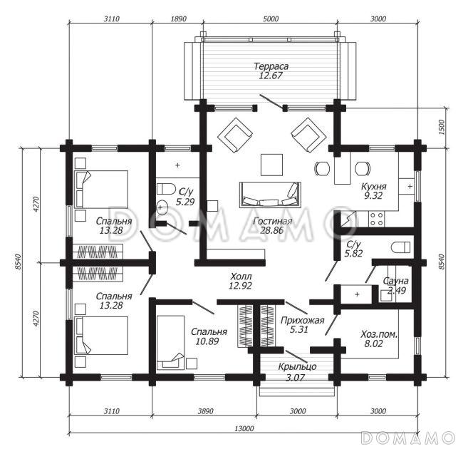 Проект одноэтажного дома с двумя санузлами и компактной сауной / План 1 этажа