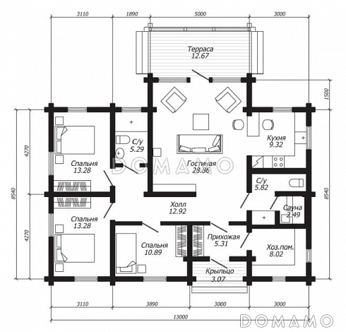 Проект одноэтажного дома с двумя санузлами и компактной сауной / План 1 этажа Проект одноэтажного дома с двумя санузлами и компактной сауной / План 1 этажа