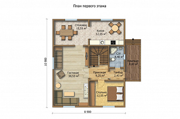 Проект деревянного дома с кухней, столовой и гостиной / План 1 этажа Проект деревянного дома с кухней, столовой и гостиной / План 1 этажа