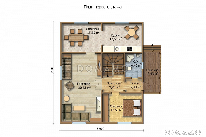Проект деревянного дома с кухней, столовой и гостиной / План 1 этажа Проект деревянного дома с кухней, столовой и гостиной / План 1 этажа