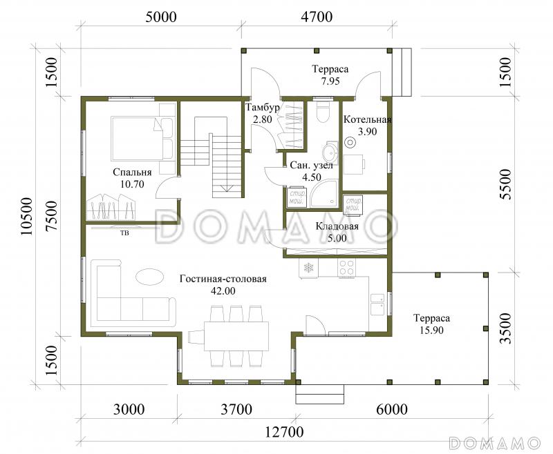 Проект каркасного дома с мансардой, 5 спальнями, гостиной-столовой и крытой террасой / План 1 этажа