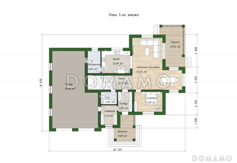 Проект двухэтажного дома из газобетона с 4 спальнями, кабинетом и крытой террасой / План 1 этажа