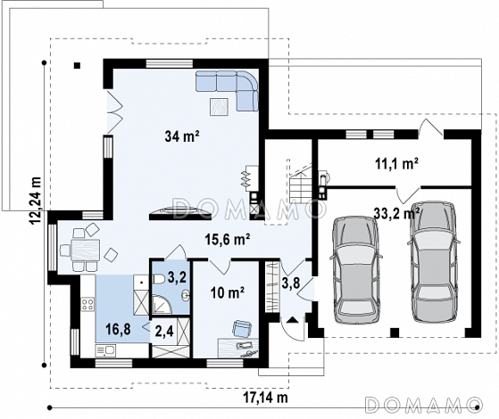 Проект одноэтажного мансардного дома из газобетона с кабинетом, гаражом на два автомобиля и большой мансардной комнатой / План 1 этажа Проект одноэтажного мансардного дома из газобетона с кабинетом, гаражом на два автомобиля и большой мансардной комнатой / План 1 этажа
