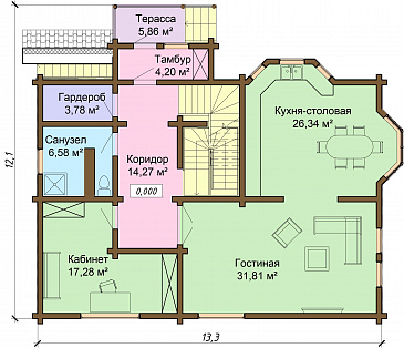 Проект одноэтажного дома из бруса с мансардным и цокольным этажами / План 1 этажа Проект одноэтажного дома из бруса с мансардным и цокольным этажами / План 1 этажа