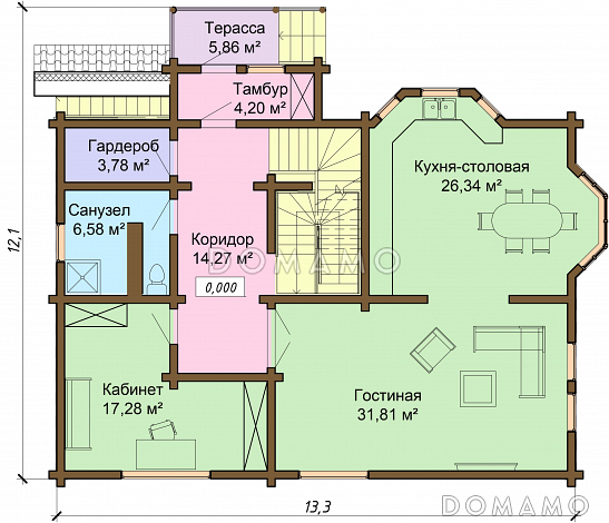 Проект одноэтажного дома из бруса с мансардным и цокольным этажами / План 1 этажа Проект одноэтажного дома из бруса с мансардным и цокольным этажами / План 1 этажа