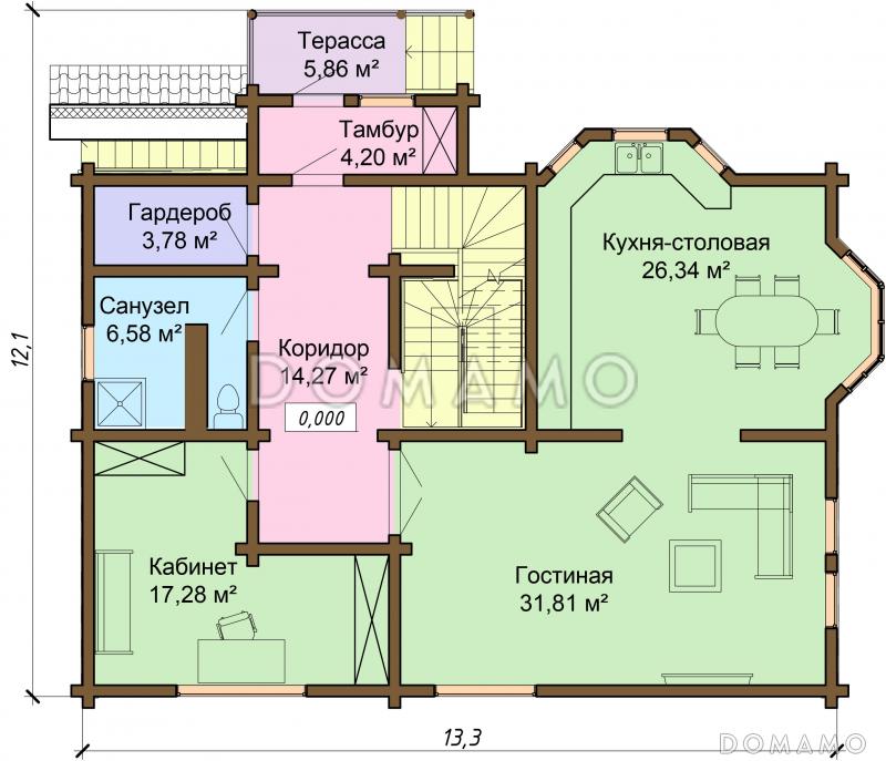 Проект одноэтажного дома из бруса с мансардным и цокольным этажами / План 1 этажа