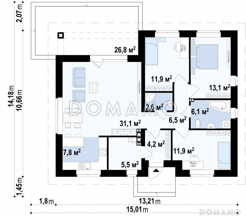 Проект одноэтажного дома из кирпича с тремя спальнями и небольшой крытой угловой террасой, увеличенная версия 273 / План 1 этажа