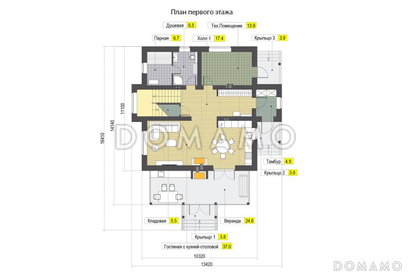 Проект дома с верандой c барбекю, кладовой под лестницей, парной и душевой, кабинетом и спальнями на мансардном этаже / План 1 этажа