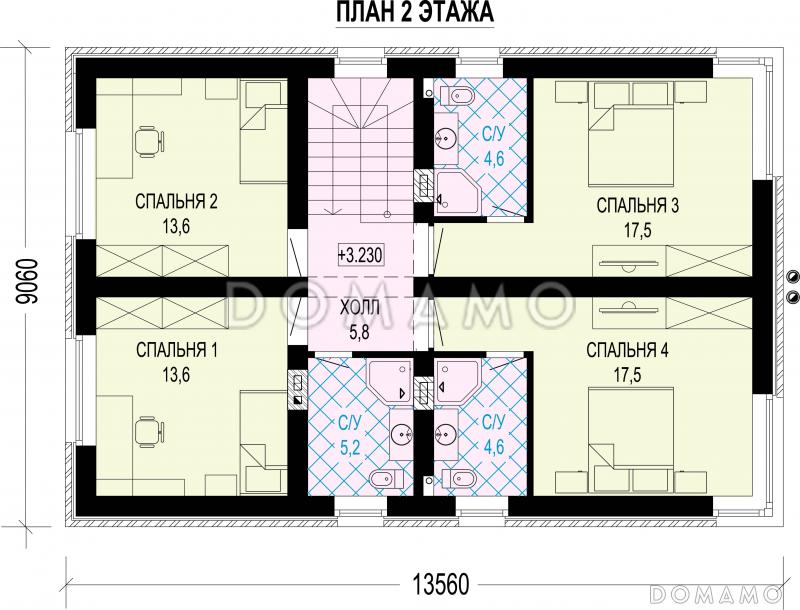 Проект двухэтажного дома с плоской крышей, с пятью спальнями и барбекю на открытой террасе / План 2 этажа