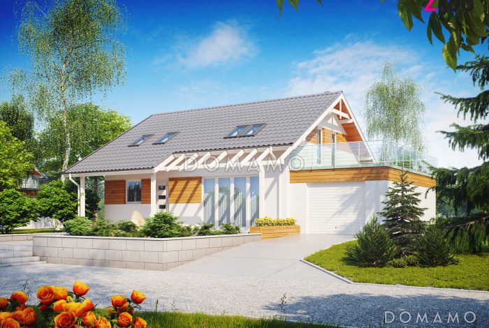 Проект одноэтажного мансардного дома из кирпича с террасой над гаражом