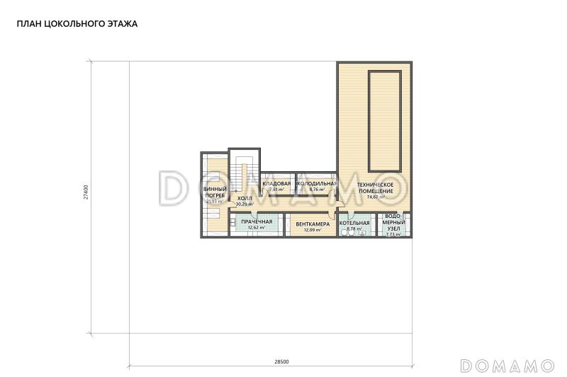 Проект современного каркасного дома с винным погребом, сауной и террасой барбекю / План цокольного этажа