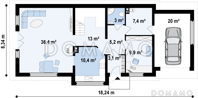 Проект мансардного дома из кирпича с гаражом, прямоугольным эркером и двумя балконами / План 1 этажа
