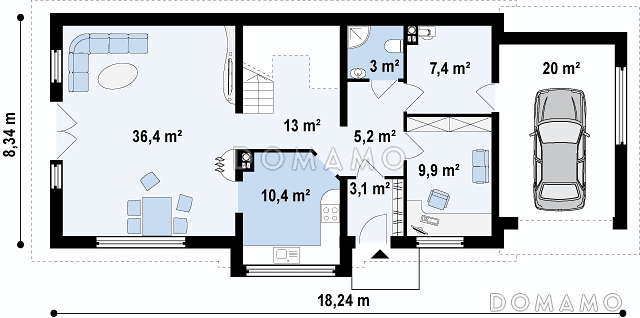 Проект мансардного дома из кирпича с гаражом, прямоугольным эркером и двумя балконами / План 1 этажа