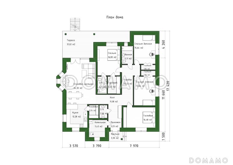 Проект одноэтажного кирпичного дома с 4 спальнями, террасой и столовой-гостиной / План 1 этажа