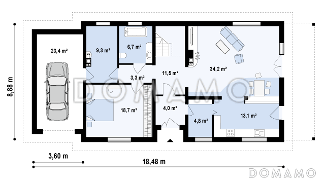 Проект просторного мансардного дома из газобетона со спальней на первом этаже и с двумя на втором / План 1 этажа