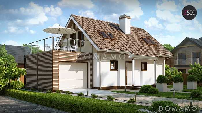 Проект одноэтажного мансардного дома из кирпича с открытой террасой над гаражом Проект одноэтажного мансардного дома из кирпича с открытой террасой над гаражом