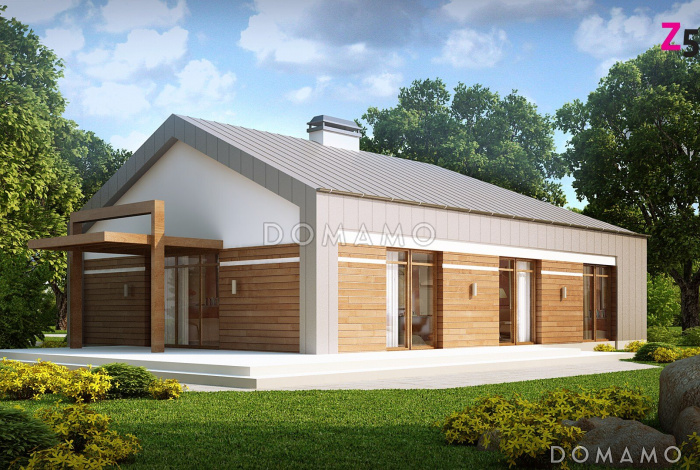 Проект углового одноэтажного дома из газобетона с облицовкой деревянной вагонкой и с гаражом на два автомобиля