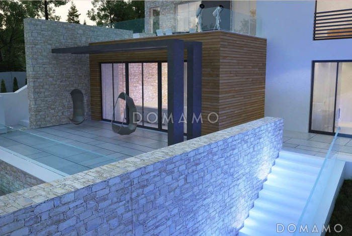 Проект красивого просторного двухэтажного коттеджа из кирпича с бассейном на цокольном этаже Проект красивого просторного двухэтажного коттеджа из кирпича с бассейном на цокольном этаже