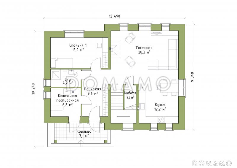 Проект коттеджа с удобной планировкой / План 1 этажа