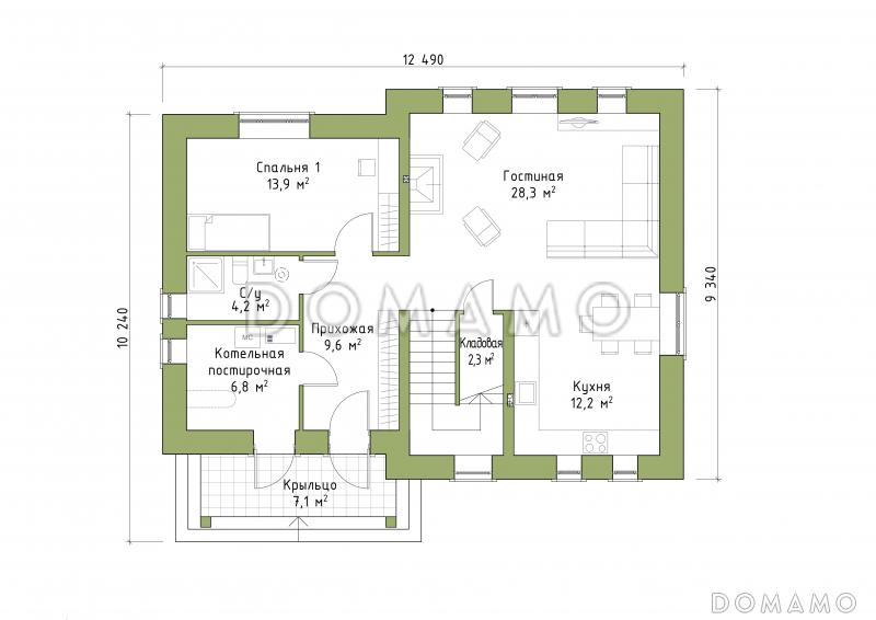 Проект коттеджа с удобной планировкой / План 1 этажа