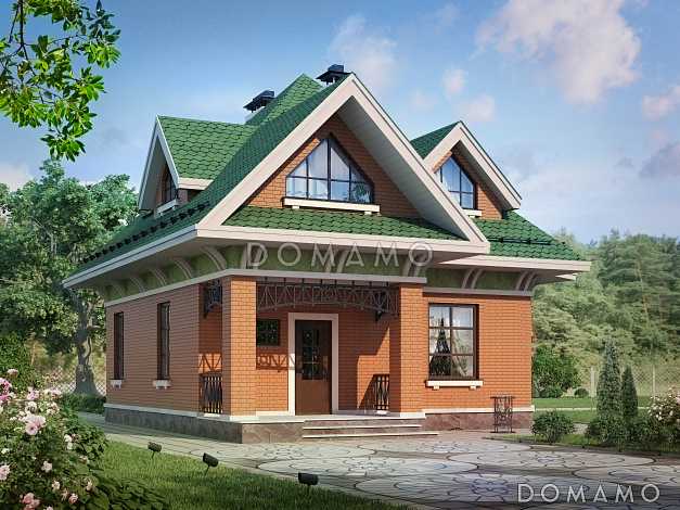 Проект дома из пеноблоков с отделкой из кирпича и зеленой шатровой крышей Проект дома из пеноблоков с отделкой из кирпича и зеленой шатровой крышей