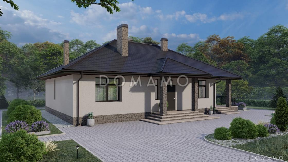 Проект дома из газобетона с большой гостиной, камином и 3 спальнями / 3