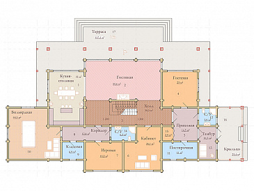 Проект двухэтажного дома из клееного бруса с красивым панорамным остеклением / План 1 этажа Проект двухэтажного дома из клееного бруса с красивым панорамным остеклением / План 1 этажа
