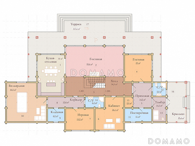 Проект двухэтажного дома из клееного бруса с красивым панорамным остеклением / План 1 этажа Проект двухэтажного дома из клееного бруса с красивым панорамным остеклением / План 1 этажа