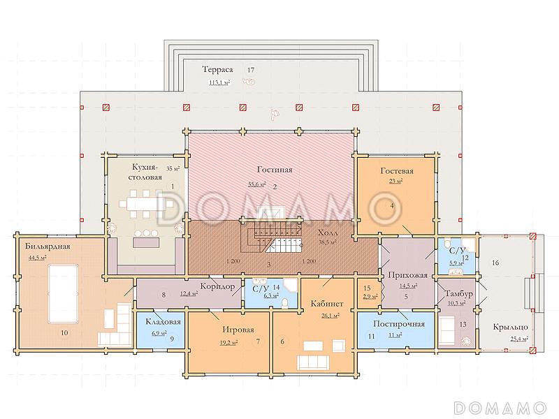 Проект двухэтажного дома из клееного бруса с красивым панорамным остеклением / План 1 этажа