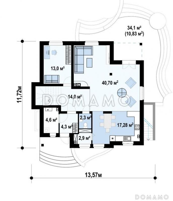 Проект дома с подвалом, просторной гостиной и кухней, балконами, кабинетом / План 1 этажа