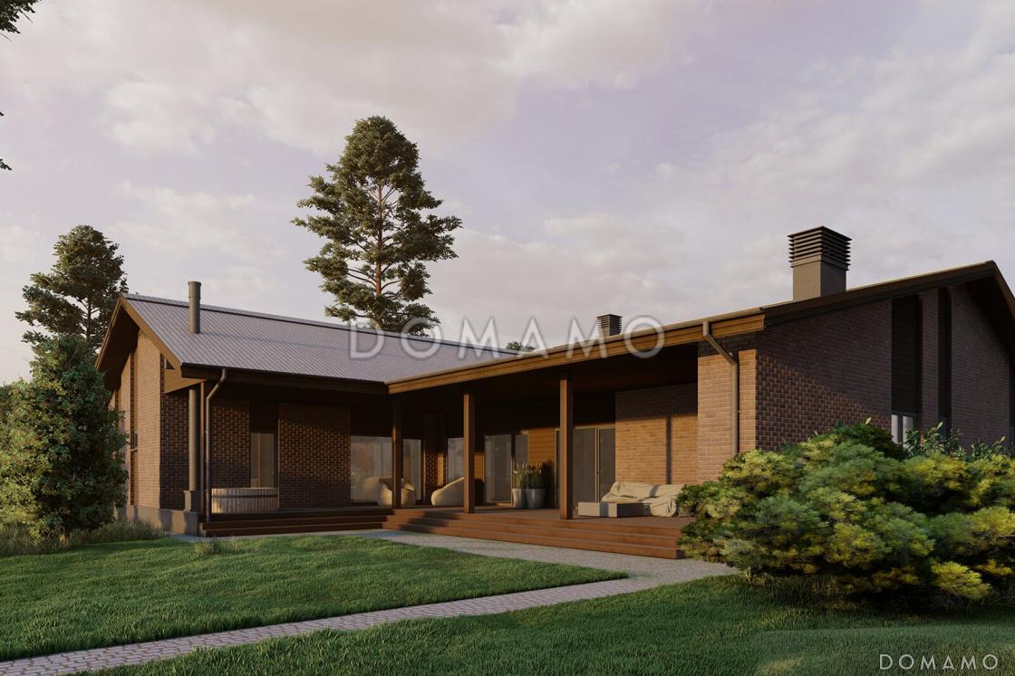 Проект кирпичного Г-образного дома с 3 спальнями, сауной и барбекю на террасе / 3