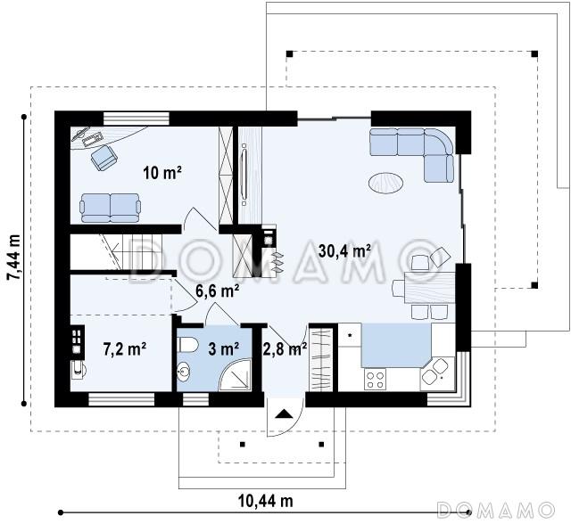 Проект одноэтажного мансардного дома из газобетона с угловым окном в кухонной зоне и кабинетом / План 1 этажа