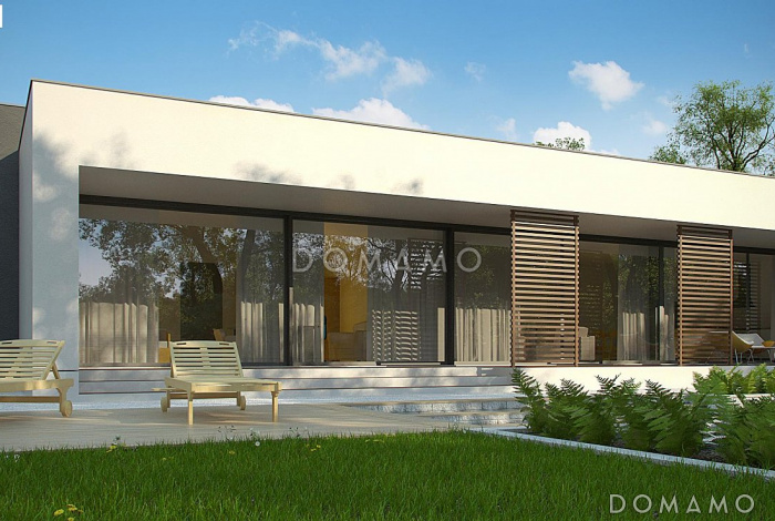 Проект просторного современного одноэтажного дома из кирпича с плоской крышей, большой площадью остекления, с четырьмя спальнями и большим гаражом