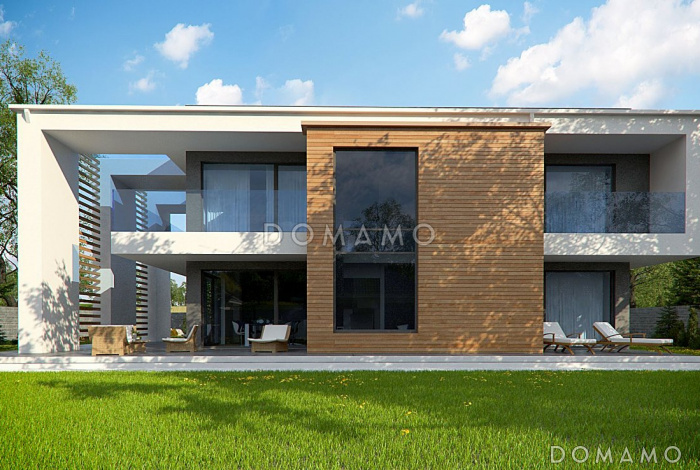 Проект современного двухэтажного дома из кирпича с плоской крышей с четырьмя спальнями, кабинетом, гаражом и большой площадью остекления Проект современного двухэтажного дома из кирпича с плоской крышей с четырьмя спальнями, кабинетом, гаражом и большой площадью остекления