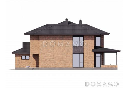 Проект двухэтажного дома  с 4 спальнями, кабинетом, гаражом на 2 машины и квадратной террасой / Фасад 4