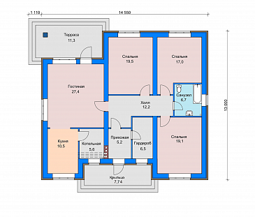 Проект дома с окном в гардеробной, просторной гостиной, террасой, тремя спальнями / План 1 этажа