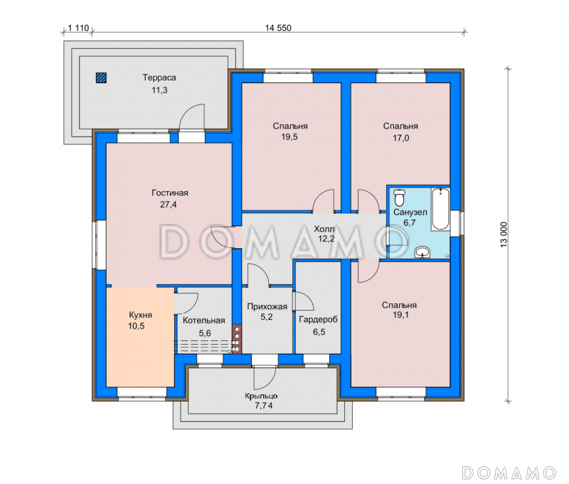 Проект дома с окном в гардеробной, просторной гостиной, террасой, тремя спальнями / План 1 этажа