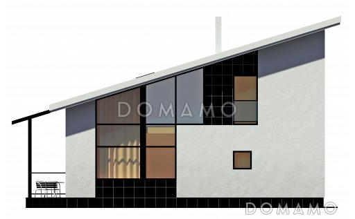 Загородный дом с односкатной крышей, круглым окном, крытой террасой и вторым светом  / Фасад 3