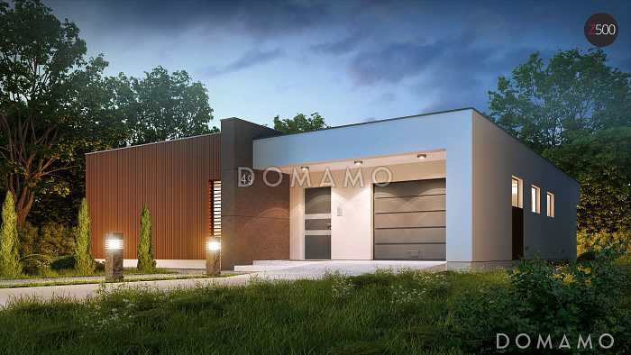 Проект современного одноэтажного дома из кирпича с плоской крышей с тремя спальнями и гаражом