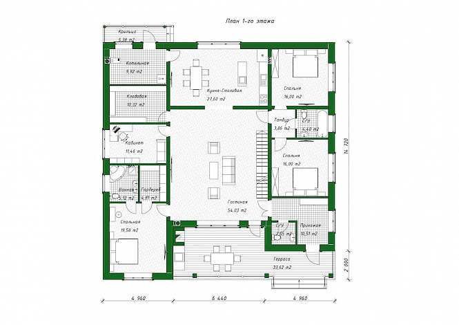 Проект одноэтажного дома с 3 спальнями, кабинетом и антресолью на чердаке / План 1 этажа