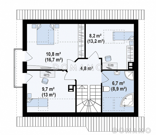 Проект небольшого одноэтажного мансардного дома из кирпича с кабинетом на первом этаже и эркером / План мансардного этажа Проект небольшого одноэтажного мансардного дома из кирпича с кабинетом на первом этаже и эркером / План мансардного этажа