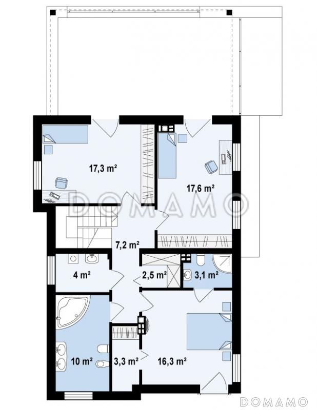 Проект современного двухэтажного дома из кирпича в стиле модерн, с террасой на втором уровне и встроенным гаражом / План 2 этажа